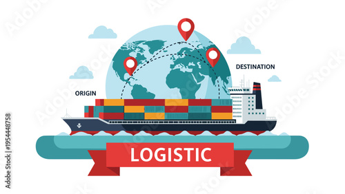 Logistics and global shipping concept with cargo ship carrying containers world map pins and origin destination indicators for trade.