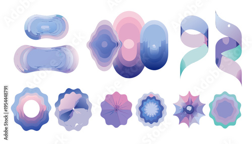 Abstract set of soft gradient overlays and flowing ribbon shapes using blended pastel colors for modern background or texture creation in digital media.