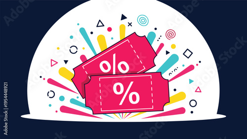E-commerce marketing and promotional sale concept with pink discount coupons and colorful celebratory confetti explosion.