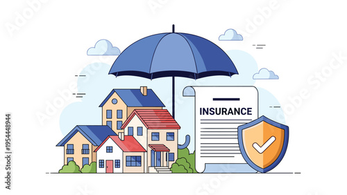 Real estate insurance and home protection concept with residential houses under blue umbrella with document and safety shield icon.