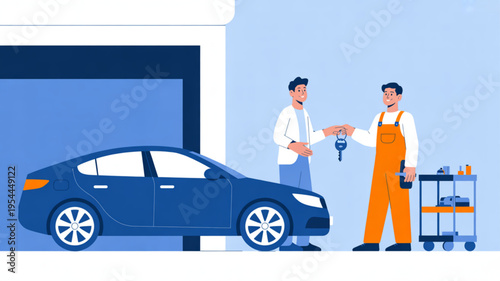 Mechanic handing car keys to customer at garage service station with vehicle and tools