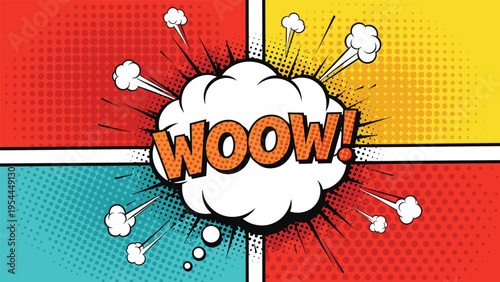 Dynamic comic book pop art style background with a loud explosion bubble and the word wow over colorful halftone panels.