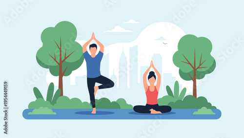 Healthy lifestyle concept with diverse people practicing yoga and meditation in an urban park with city buildings behind them.