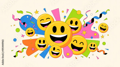 Vibrant smiley faces celebrate happiness with colorful confetti and stars on beige background