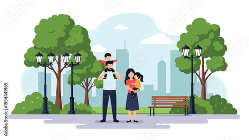 Happy young family with two children enjoying a peaceful stroll in a green public park with trees and city silhouettes.