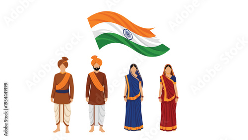 Patriotic illustration of diverse Indian citizens in traditional clothing standing together under the waving national flag.