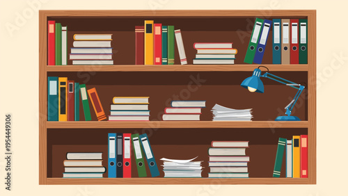 Well organized wooden library bookshelf filled with rows of colorful books, document binders, and a blue electric desk lamp.