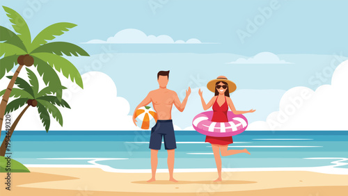 Happy young couple in summer swimwear enjoying a sunny day at the tropical beach with palm trees and an inflatable ring.