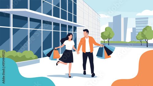 Stylish couple carrying multiple shopping bags while walking together in a modern city plaza near a sleek glass building.
