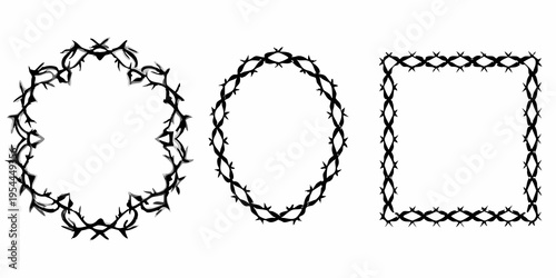 Three black and white barbed wire shapes circle oval and rectangle