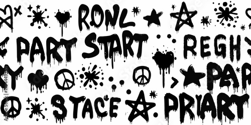 Black and white graffiti style lettering and scattered symbols on white