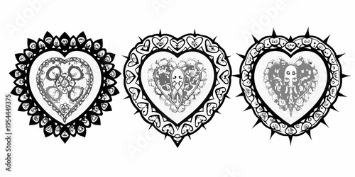 Three ornate heart shaped frames containing skull and floral designs