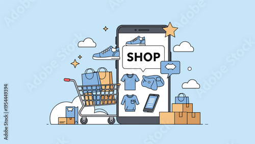 Online shopping and mobile commerce concept with smartphone app displaying clothes next to cart bags and delivery boxes.