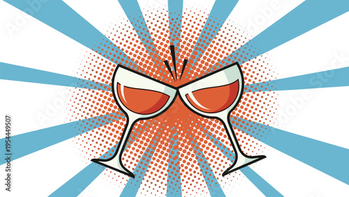 Pop art style illustration of two wine glasses clinking together for a toast with an explosion of rays and dots in the background.