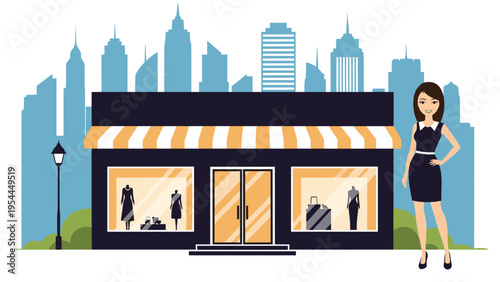 Fashionable woman standing in front of a clothing boutique store building with a city skyline background and a classic street lamp.