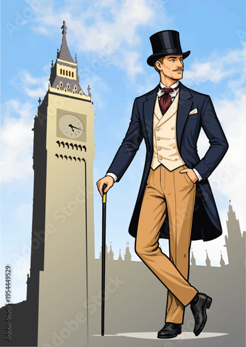 074-19-Victorian dandy gentleman standing against a backdrop of big ben in London