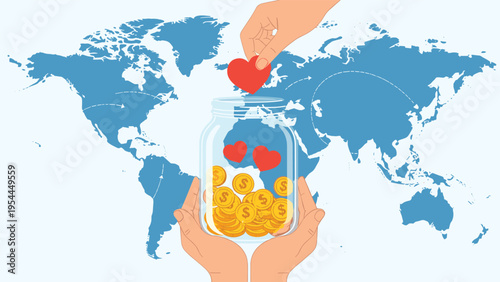Hands holding a glass jar filled with gold coins and red hearts against a world map background for global charity and support concepts.