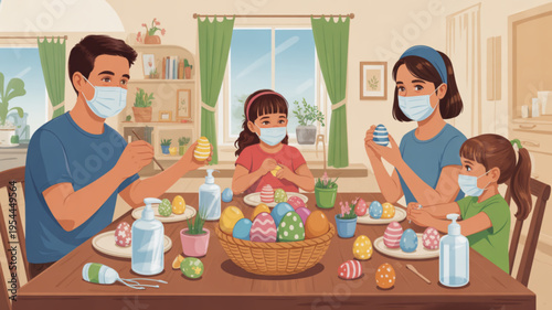 Family wearing face masks decorating easter eggs together at home during covid 19 pandemic