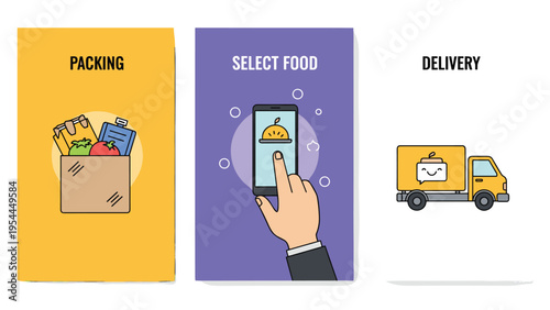 Mobile application workflow for food delivery service showing packing select food on phone and shipping truck steps in panels.