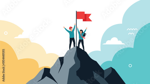 Two people standing triumphantly on a rocky mountain peak holding a red flag representing success achievement and reaching goals.