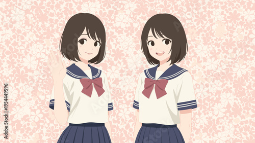Two anime style schoolgirls in uniforms waving and smiling against a soft pink floral background representing friendship and school life.