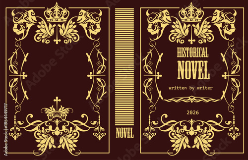 074-23-Historical novel book cover featuring vintage gold and maroon ornamental design elements