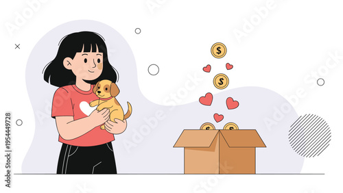 Young girl holding a cute puppy next to a donation box with coins and hearts floating above for animal shelter support.
