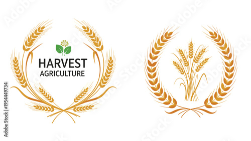 Agricultural harvest and grain production logos featuring gold wheat wreaths and stalks with green leaves on white background.