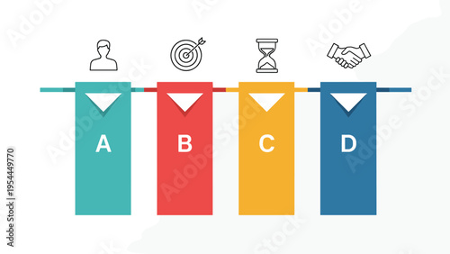 Business process infographic template with four colored steps labeled A B C D and icons for user goal time and deal.