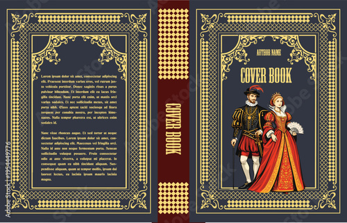 074-24-Royal couple on ornamental vintage book cover with decorative gold border