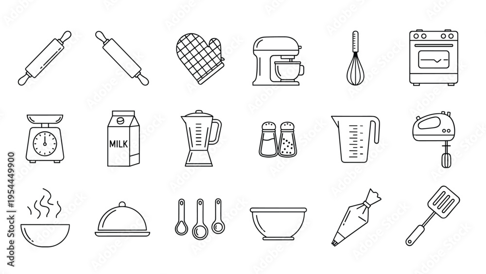 Obraz premium Set of monochrome line icons for various kitchen tools and baking equipment used in professional cooking and food preparation.