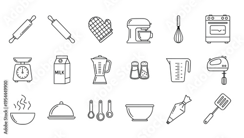 Set of monochrome line icons for various kitchen tools and baking equipment used in professional cooking and food preparation.