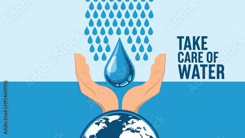 Environmental conservation poster featuring hands protecting a large blue water drop over a globe with take care of water text.