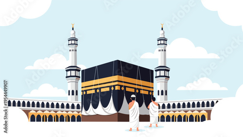Detailed illustration of the holy Kaaba in Mecca with pilgrims wearing traditional white robes standing under a clear blue sky.