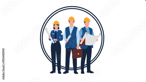 Group of three construction experts wearing hard hats and safety vests holding blueprints and a briefcase inside a circular frame.