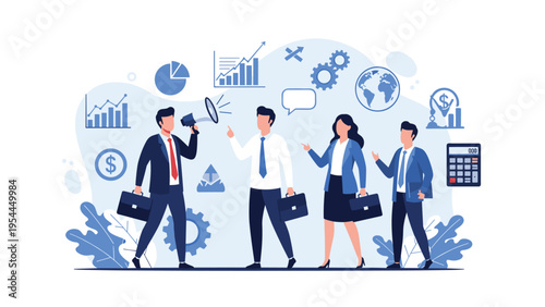 Leader using a megaphone to communicate with his team surrounded by various business icons like charts, gears, and a calculator.