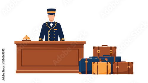 Professional hotel bellhop in uniform standing behind a reception desk next to a pile of various brown and blue suitcases.