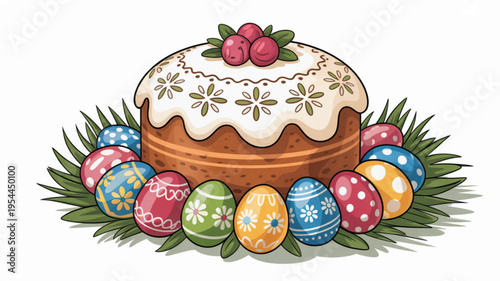 Easter cake with colorful eggs and berries on top surrounded by green leaves and decorated with white icing and floral patterns
