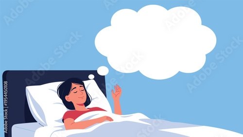 Peaceful woman sleeping in a comfortable bed with a large blank white thought bubble above her head for custom dreams.