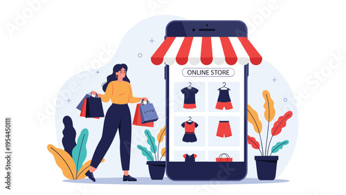 Online shopping and fashion retail concept with a woman carrying bags next to a smartphone displaying clothing options.