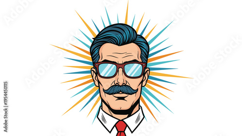 Retro pop art illustration of a stylish man with a blue mustache and sunglasses against a colorful starburst background.