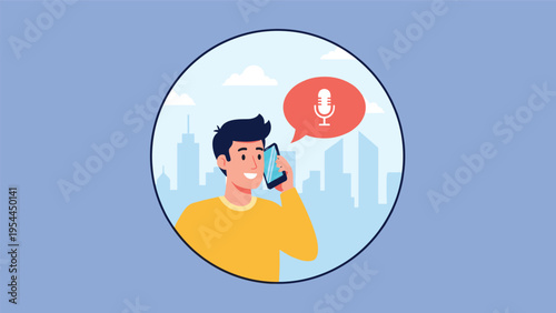 Man talking on a mobile phone with a voice command icon against a stylized city skyline background in a circular frame.