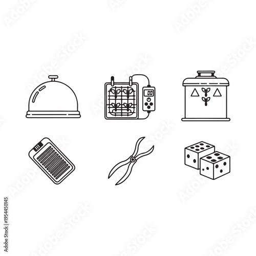 Line drawing of various objects including a food cover and dices  several outlined items on white background
