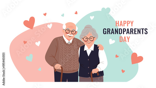 Heartwarming illustration of a happy senior couple hugging each other for happy grandparents day celebration with hearts.
