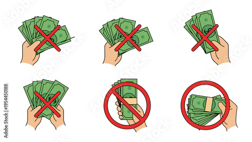 Hands holding dollar bills with red cancellation signs indicating no cash payments allowed or refusal of bribe money.