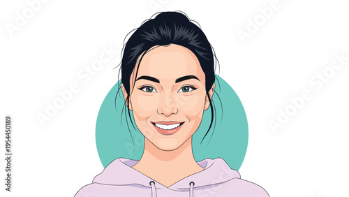 Portrait of a beautiful young woman with dark hair and green eyes smiling warmly wearing a casual purple hoodie.