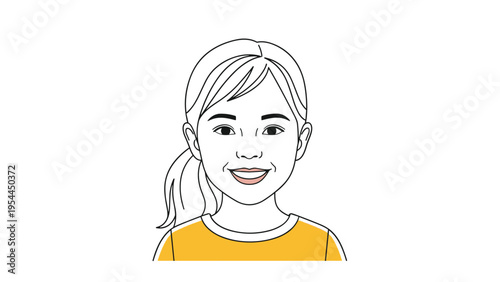 Line art illustration of smiling young girls face with ponytail and yellow shirt showing joyful expression for youth concept.