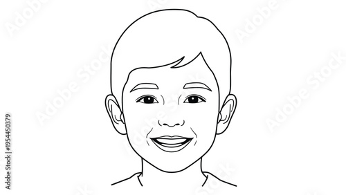 Line art illustration of smiling young boys face with short hair showing happy expression and friendly features on white.