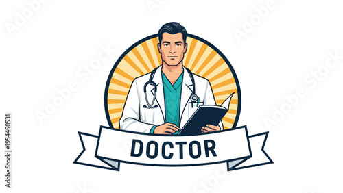 Professional male doctor in white coat holding medical folder with stethoscope around neck in front of sunburst circle.