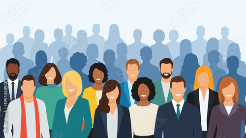 Large group of diverse men and women in colorful business attire showing a professional community or social gathering.